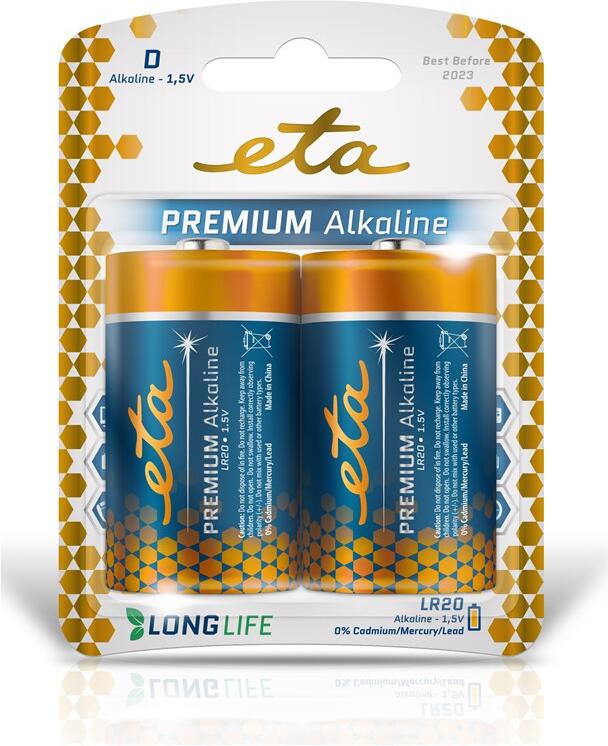 Baterie alkalická ETA PREMIUM ALKALINE D, LR20, blistr 2ks