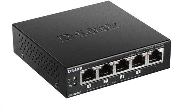 D-Link DGS-1005P 5-port Gigabit Desktop PoE+ Switch, 4 porty jsou PoE+, PoE budget 60W (DGS-1005P/E)