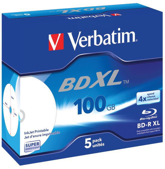 Blu-ray BD-R XL Verbatim 100GB 4x Printable jewel box, 5ks/pack (43789)