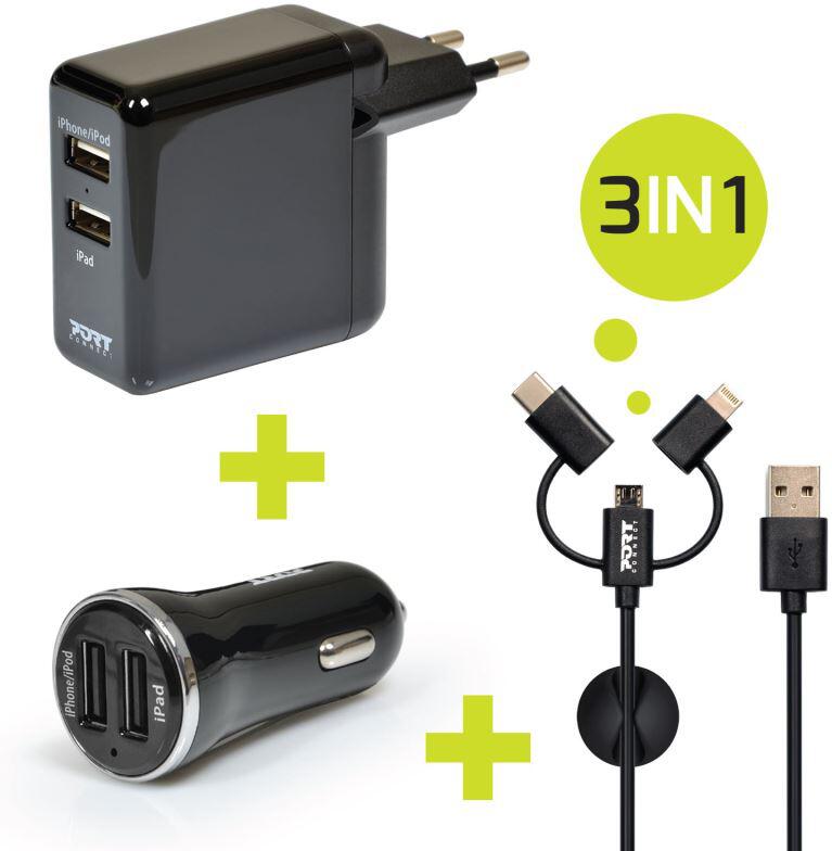 article Adjustment Friday PORT CONNECT nabíječka 2x USB, nabíječka do auta 2xUSB + 3v1 kabel, černá  (900044) | ONLINESHOP.cz