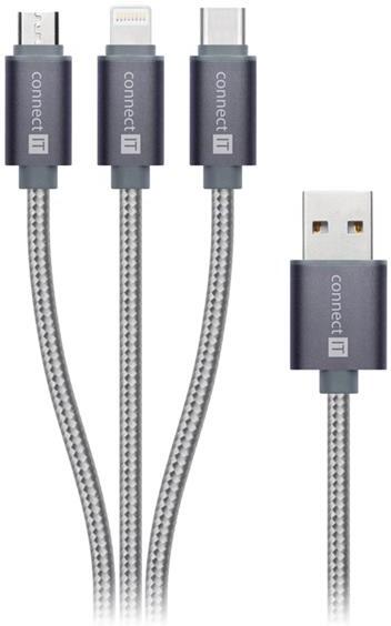 Kabel CONNECT IT USB-C/Micro USB/Lightning 1,2m silver gray