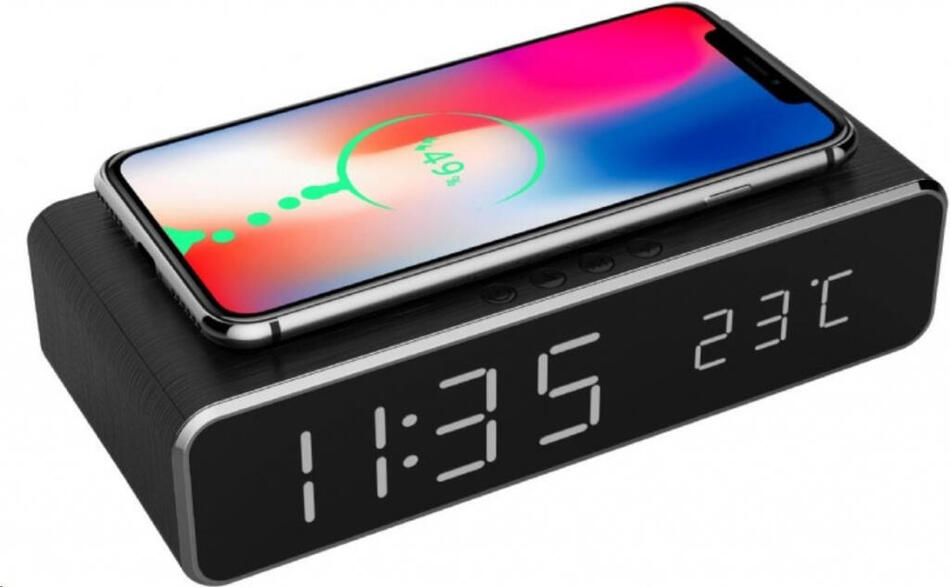 Bezdrátová QI nabíječka s digitálním budíkem a teploměrem, GEMBIRD, 5W, černá