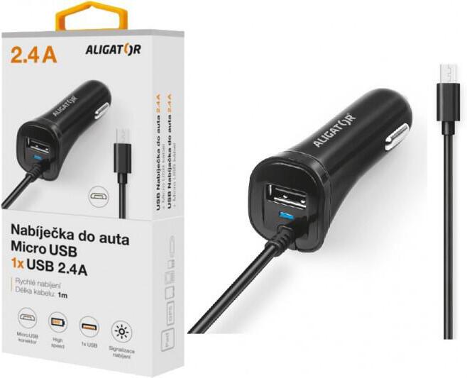 Nabíječka do auta ALIGATOR s Micro USB kabelem a USB výstupem 2.4A, černá