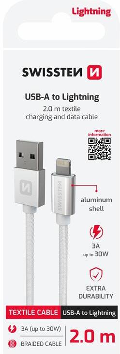 DATOVÝ KABEL SWISSTEN TEXTILE USB / LIGHTNING 2,0 M STŘÍBRNÝ
