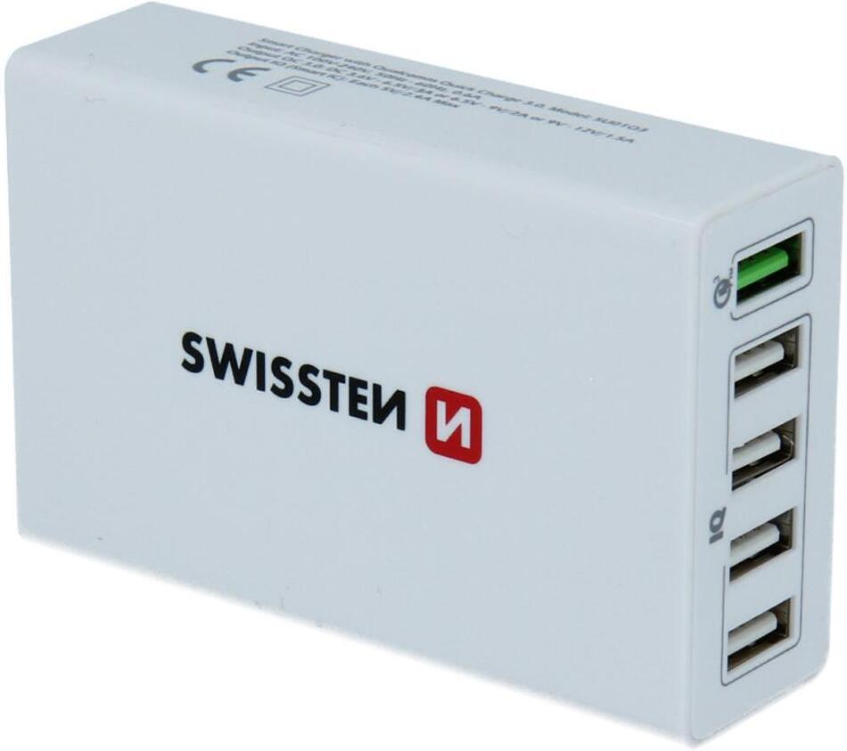 SWISSTEN SÍŤOVÝ ADAPTÉR QUALCOMM 3.0 QUICK CHARGE + SMART IC 5x USB 50W POWER BÍLÝ