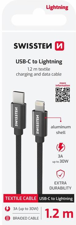 DATOVÝ KABEL SWISSTEN TEXTILE USB-C / LIGHTNING 1,2 M ČERNÝ