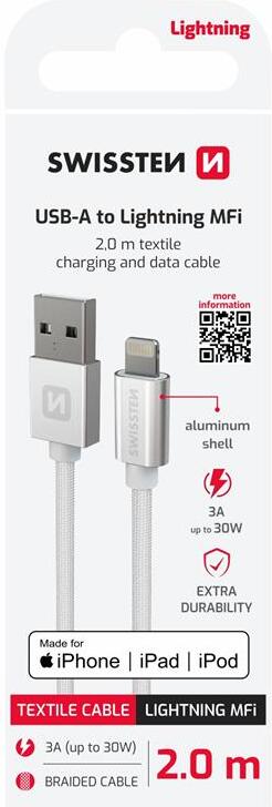 DATOVÝ KABEL SWISSTEN TEXTILE USB / LIGHTNING MFi 2,0 M STŘÍBRNÝ