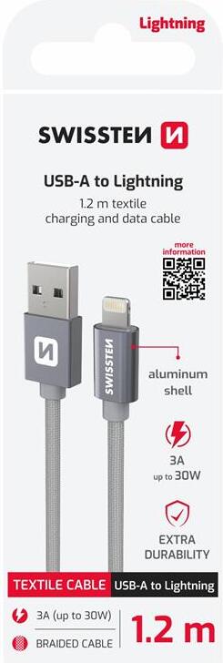 DATOVÝ KABEL SWISSTEN TEXTILE USB / LIGHTNING 1,2 M ŠEDÝ