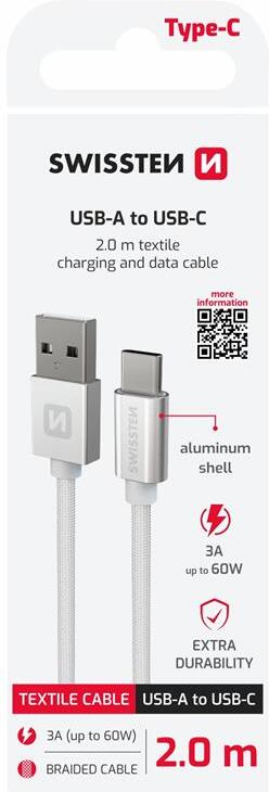 DATOVÝ KABEL SWISSTEN TEXTILE USB / USB-C 2,0 M STŘÍBRNÝ