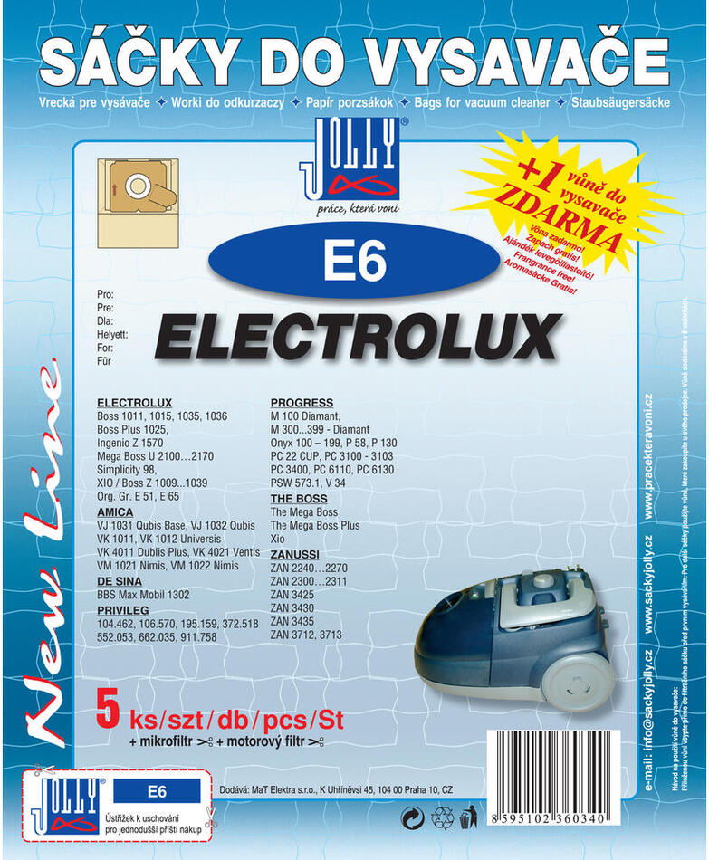 Sáčky do vysavače JOLLY E6 (5ks + mikrofiltr + motorový filtr) pro Electrolux