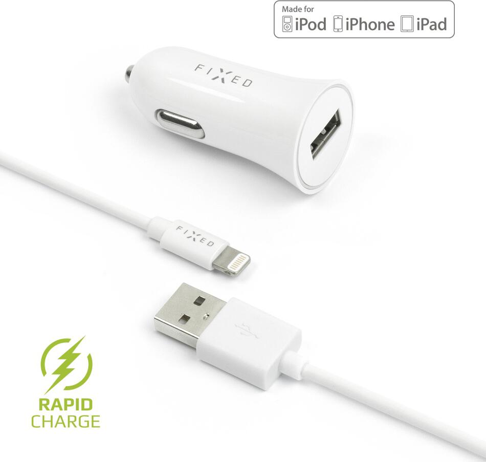 Set autonabíječky FIXED s USB výstupem a USB/Lightning kabelu, 1 metr, MFI certifikace, 12W, bílá