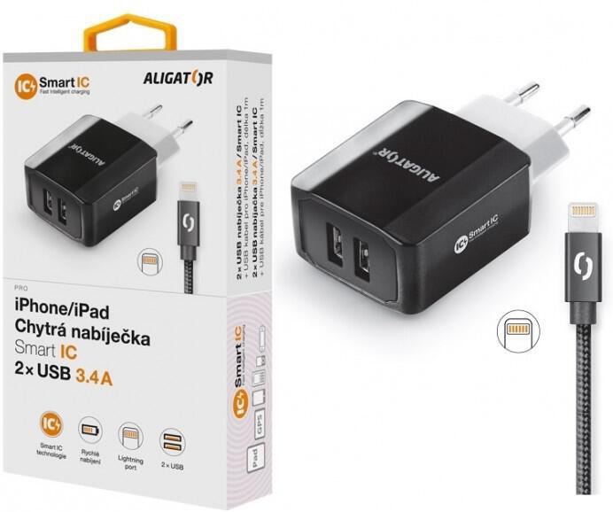 Nabíječka ALIGATOR CHS0001 3.4A, 2xUSB, smart IC, černá, USB kabel pro iPhone/iPad 2A