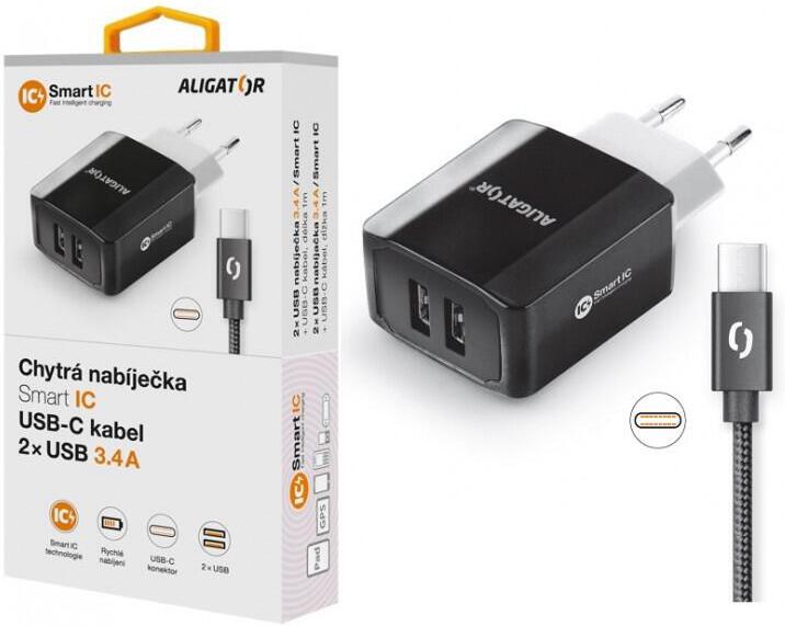 Nabíječka ALIGATOR CHS0004 3.4A, 2xUSB, smart IC, černá, USB-C kabel 2A