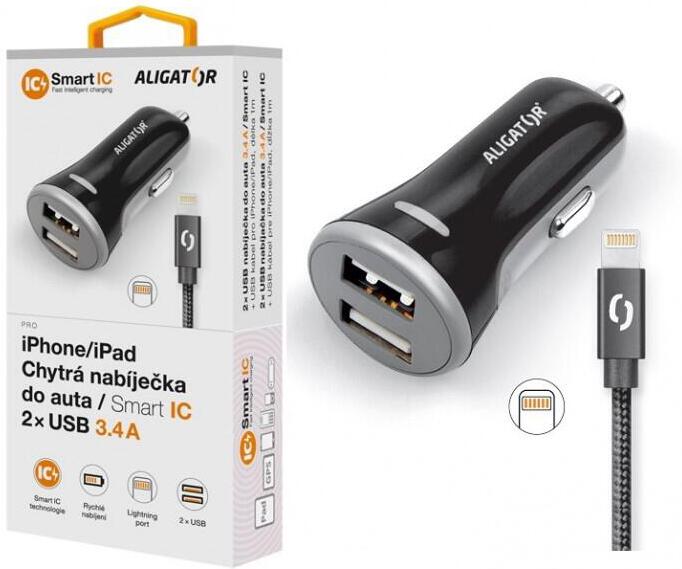 Nabíječka ALIGATOR CHS0007 do auta 3.4A, 2xUSB, smart IC, černá, USB kabel pro iPhone/iPad