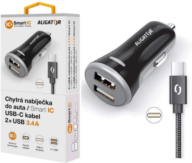 Nabíječka ALIGATOR CHS0008 do auta 3.4A, 2xUSB, smart IC, černá, USB-C kabel