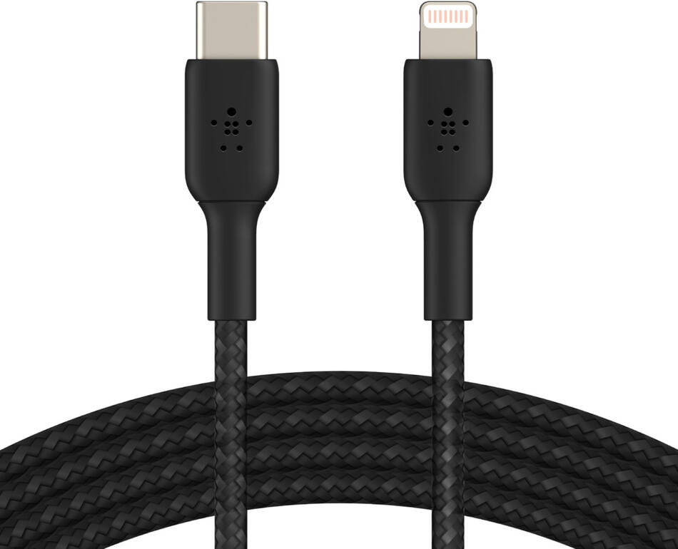 Belkin kabel oplétaný USB-C - Lightning, 1m, černý (CAA004bt1MBK)