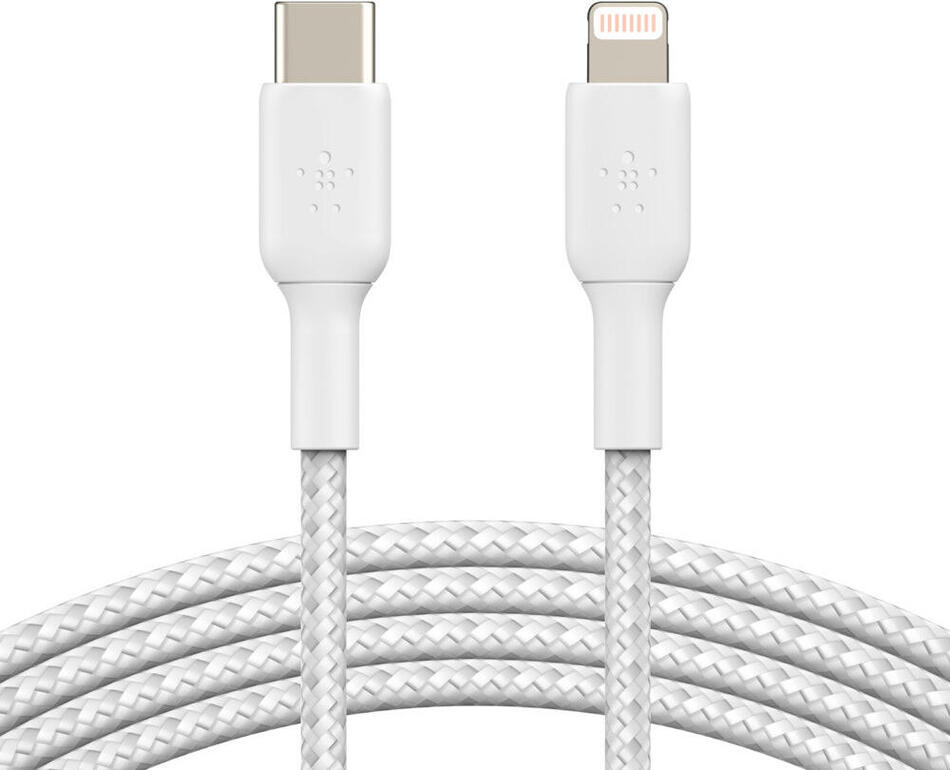 Belkin kabel oplétaný USB-C - Lightning, 1m, bílý (CAA004bt1MWH)