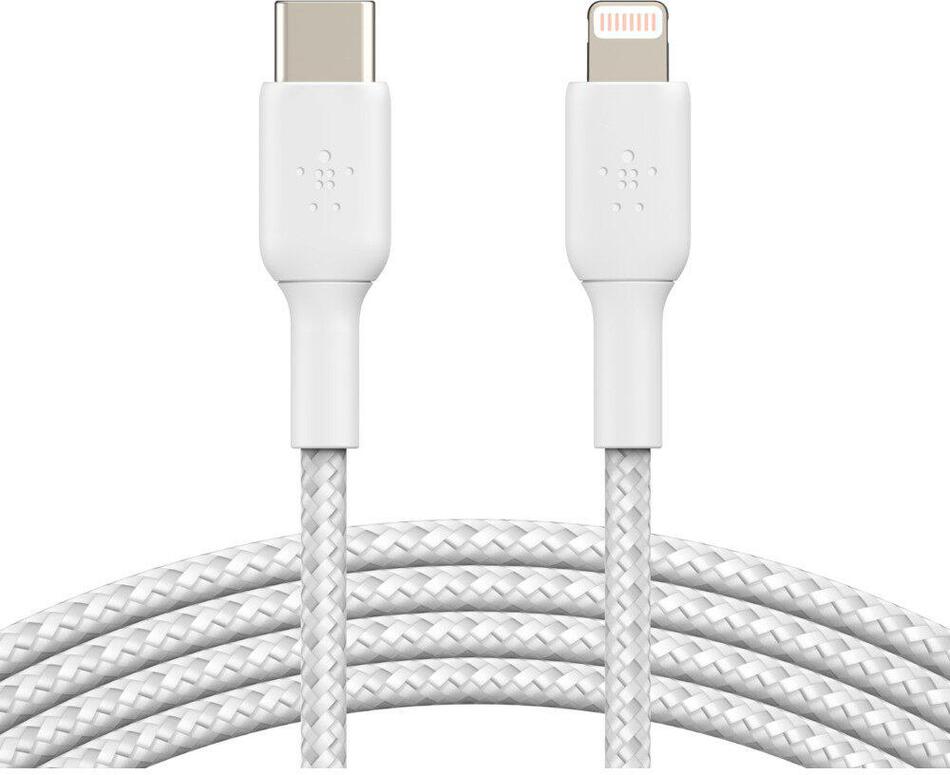 Belkin kabel oplétaný USB-C - Lightning, 2m, bílý (CAA004bt2MWH)