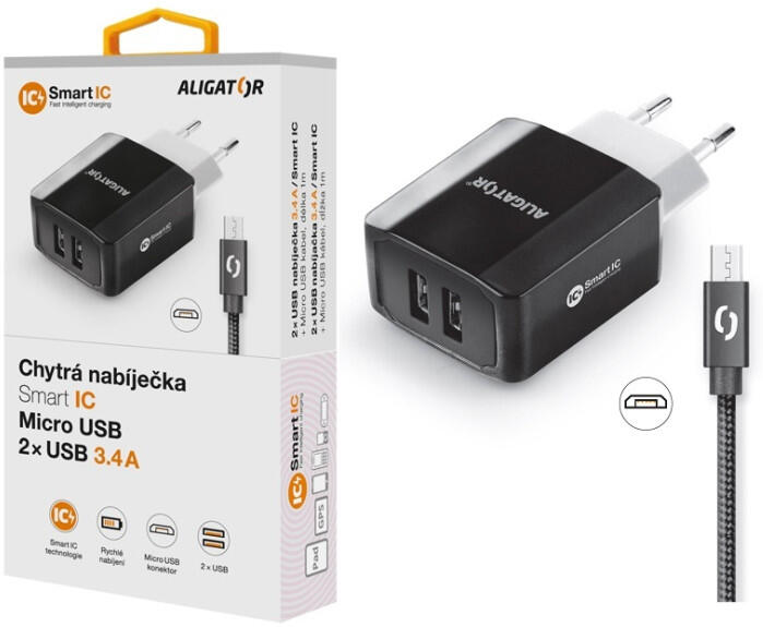 Aligator CD ALI MicroUSB 2xUSB výst. 3.4A, smart IC, černá