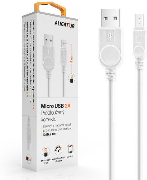 Datový kabel ALIGATOR pro outdoorové telefony, microUSB 2A, bílý, krabička