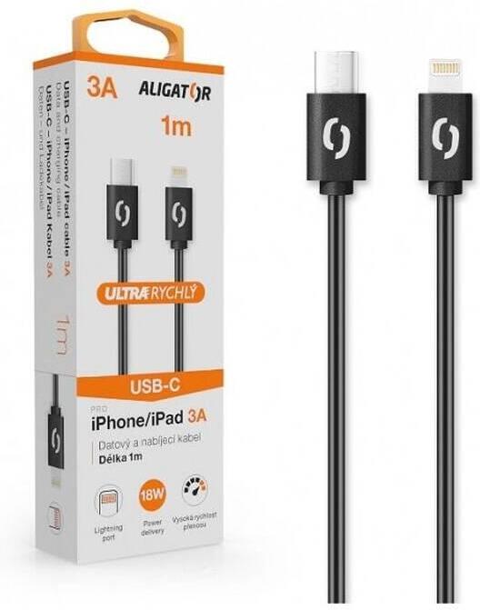 Datový kabel ALIGATOR POWER 3A, USB-C/Lightning, 1m černý