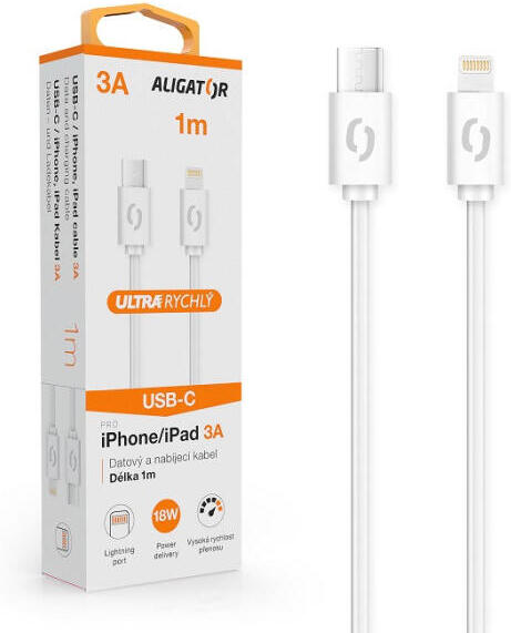 Datový kabel ALIGATOR POWER 3A, USB-C/Lightning, 1m bílý