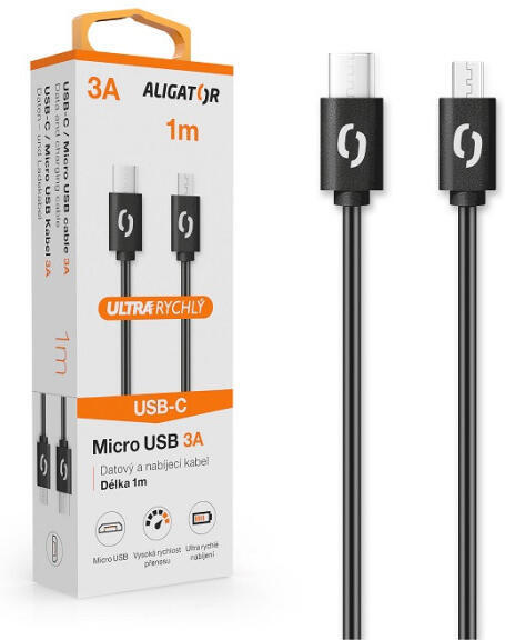 Datový kabel ALIGATOR POWER 3A, USB-C/micro USB 1m černý