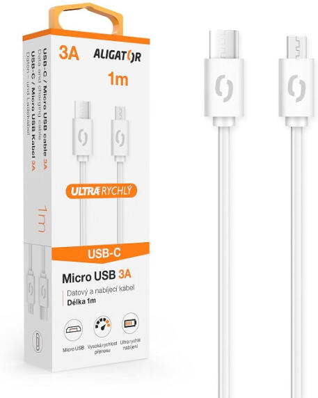 Datový kabel ALIGATOR POWER 3A, USB-C/micro USB 1m bílý