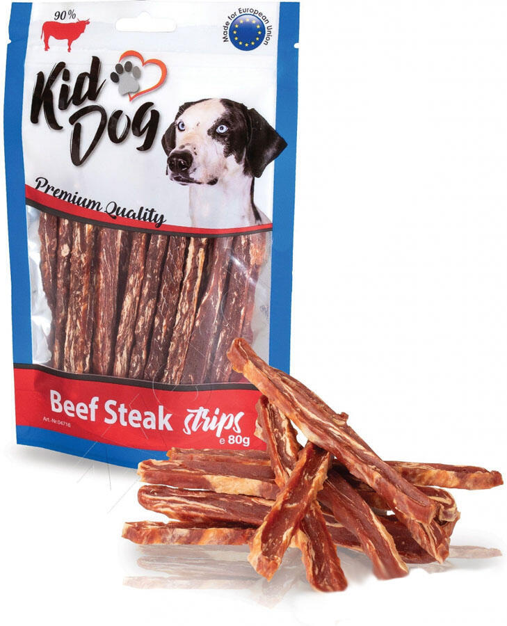 Pamlsek pro psy Kiddog hovězí steak v proužku, 250g