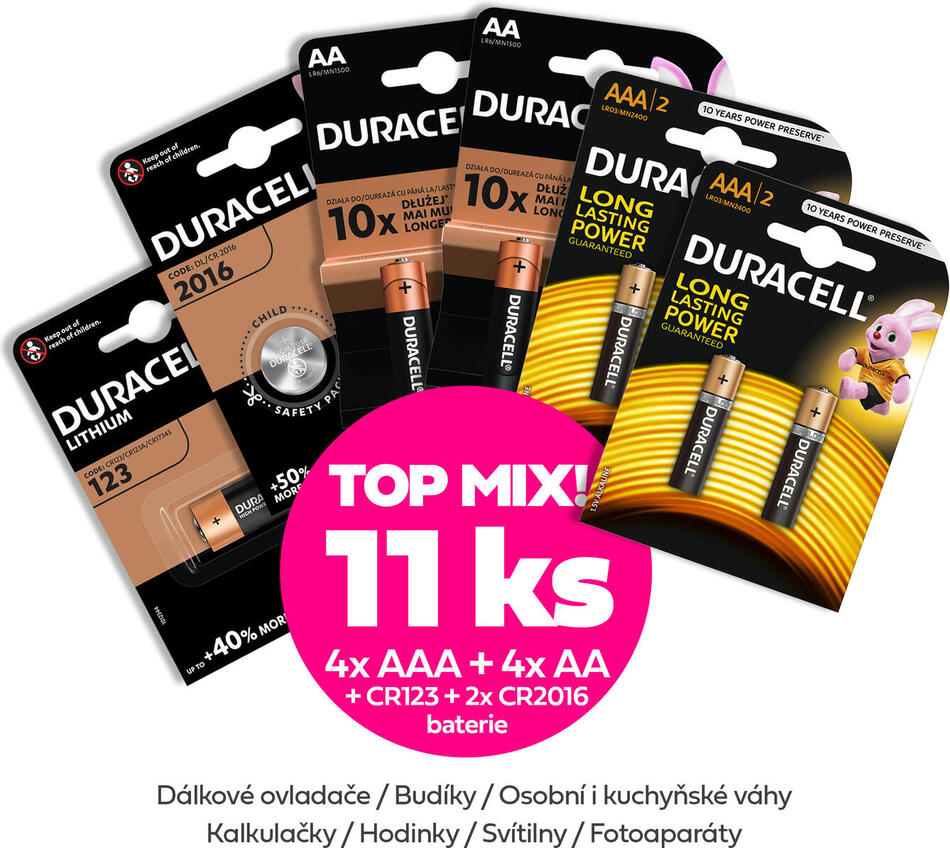 VÝHODNÝ DOMÁCÍ SET baterií 4ks AAA + 4ks AA + CR123 + 2ks CR2016 Duracell