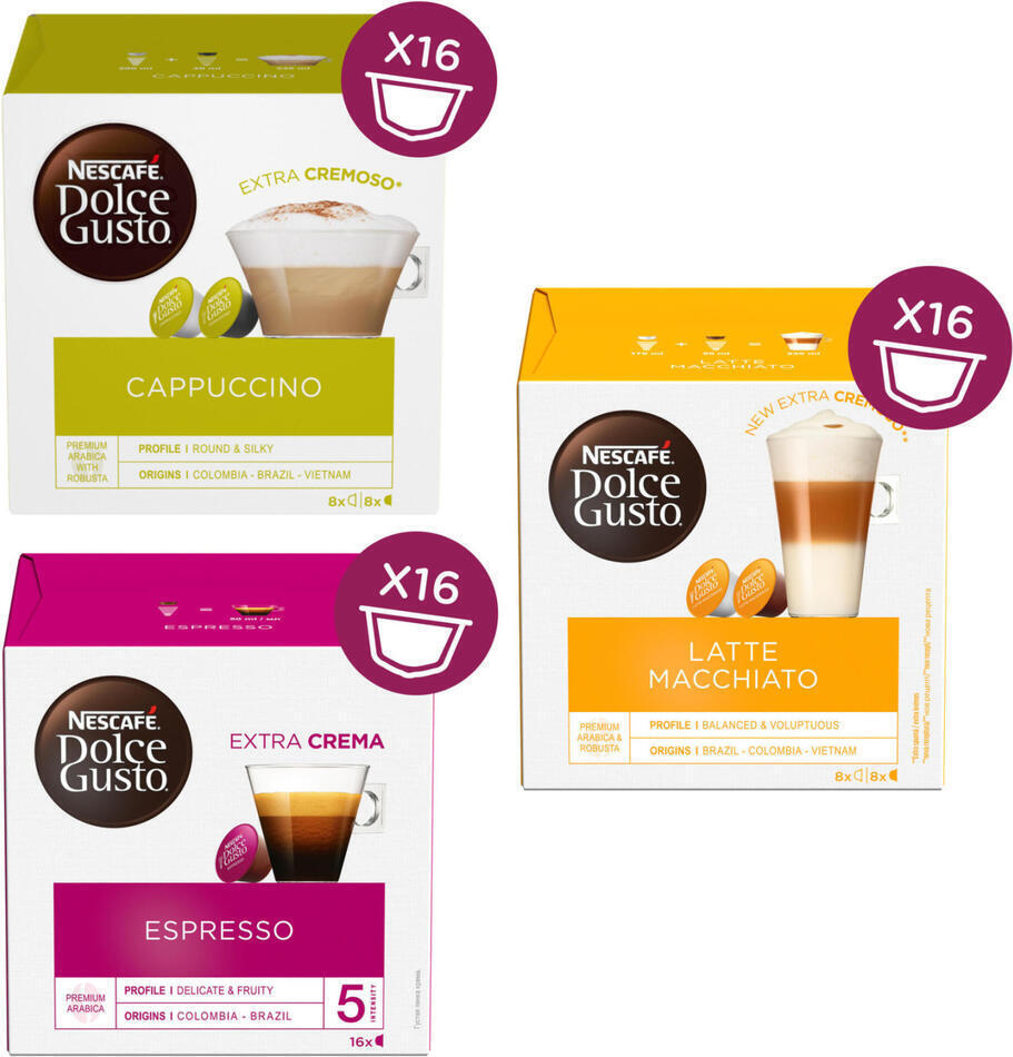 SET Nescafé Dolce Gusto Cappuccino, 16ks + Espresso, 16ks + Latte Macchiato, 16 ks