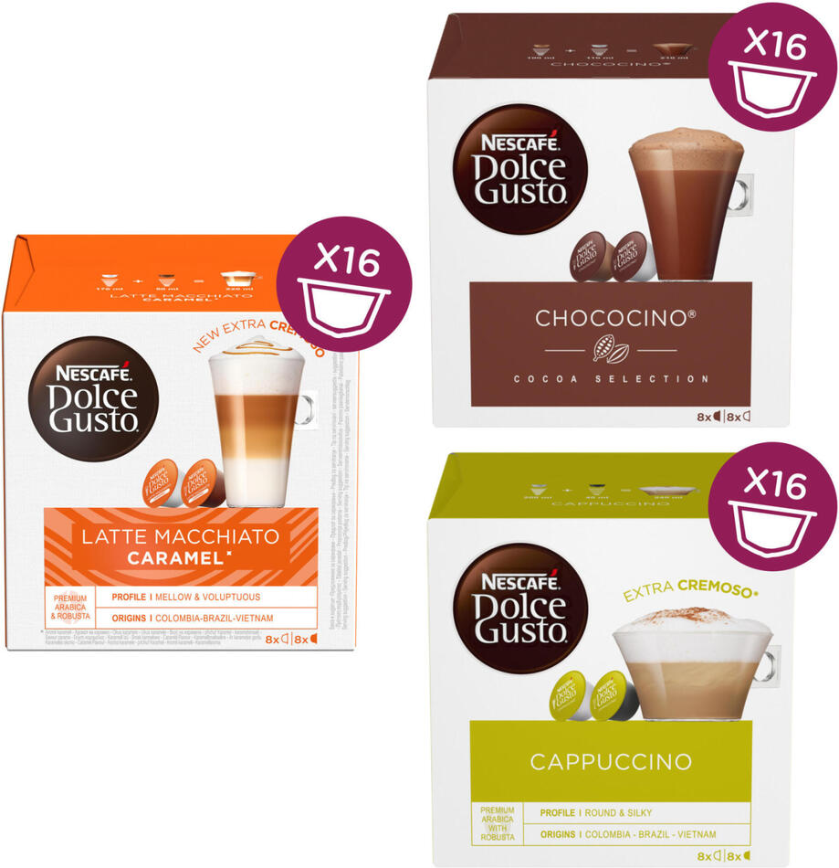 SET Nescafé Dolce Gusto Chococino, 16ks + Latte Macchiato Caramel, 16ks + Cappuccino, 16ks