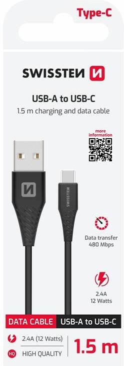 DATOVÝ KABEL SWISSTEN USB / USB-C ČERNÝ 1,5M (7mm)