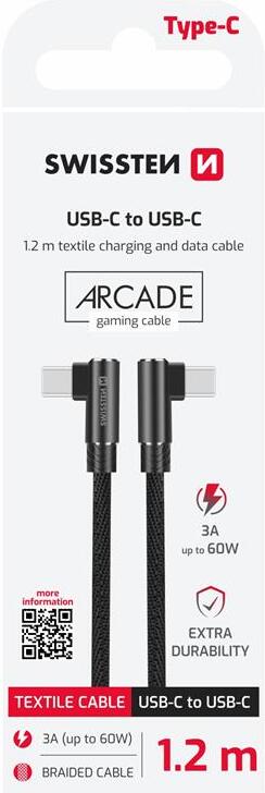 TEXTILNÍ DATOVÝ KABEL SWISSTEN ARCADE USB-C / USB-C 1,2 M ČERNÝ