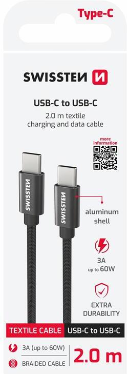 DATOVÝ KABEL SWISSTEN TEXTILE USB-C / USB-C 2,0 M ČERNÝ