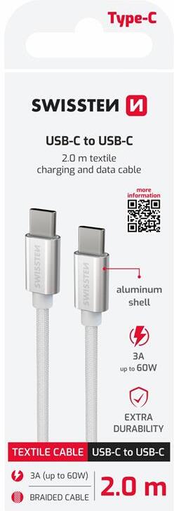 DATOVÝ KABEL SWISSTEN TEXTILE USB-C / USB-C 2,0 M STŘÍBRNÝ