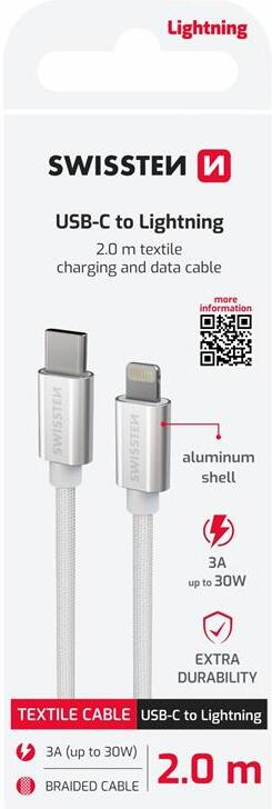 DATOVÝ KABEL SWISSTEN TEXTILE USB-C / LIGHTNING 2,0 M STŘÍBRNÝ