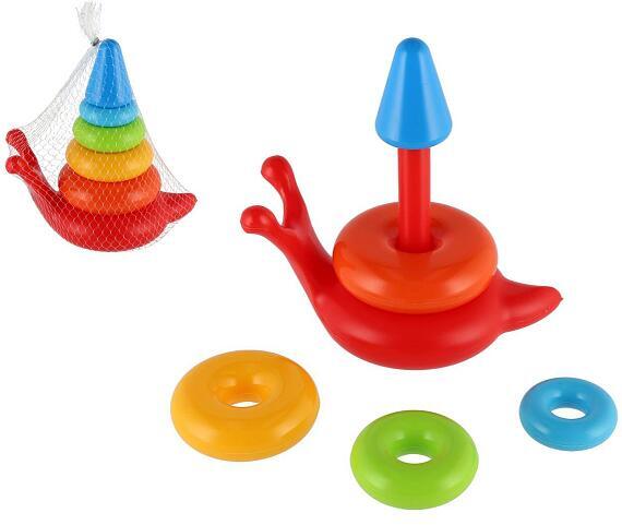 Teddies Skládanka pyramida kroužky šnek plast 6ks v síťce 18x20x12cm 12m+