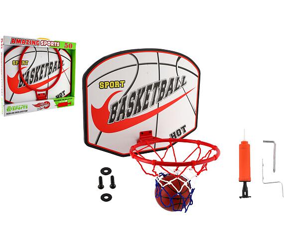 Teddies Basketbalový koš dřevo / kov / síťka / míč s pumpičkou v krabici 49x42x4cm