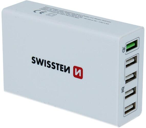 Swissten SÍŤOVÝ ADAPTÉR QUALCOMM 3.0 QUICK CHARGE + SMART IC 5x USB 50W POWER BÍLÝ