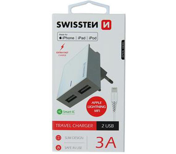 Swissten SÍŤOVÝ ADAPTÉR SMART IC 2x USB 3A POWER + DATOVÝ KABEL USB / LIGHTNING MFi 1,2 M BÍLÝ