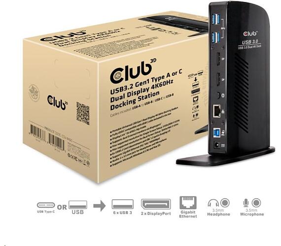Club 3D Club3D Dokovací stanice USB-A nebo USB-C Dual Display 4K60Hz (6x USB 3.0/2x DP/Ethernet/USB-B/2x audio) (CSV-1460) + DOPRAVA ZDARMA