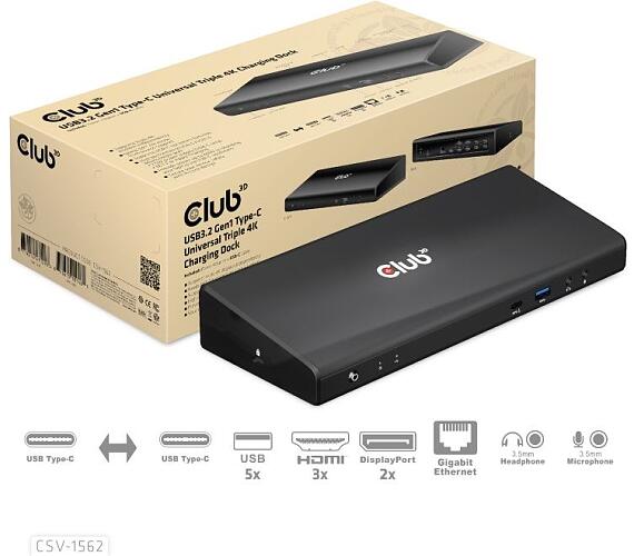 Club 3D Club3D Dokovací stanice USB 3.2 typ C (5xUSB / USB-C / 3xHDMI / 2xDP / Ethernet / Audio) s Universal Triple 4K napájecím adaptérem (CSV-1562)