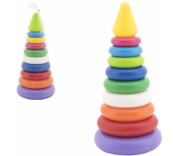 Skládanka pyramida s kroužky plast 2 barvy v síťce 15x31cm 12m+