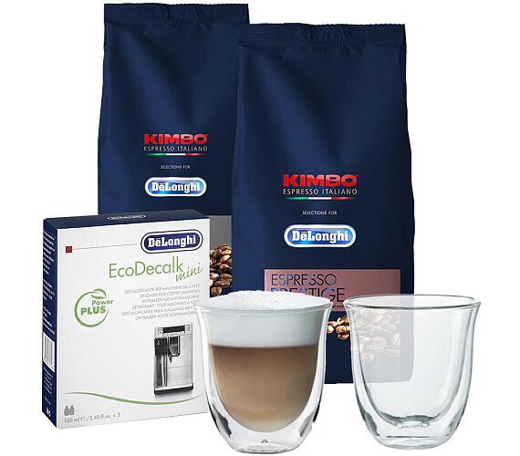 SET DeLonghi: Káva Kimbo Prestige 1kg + Kimbo Classic 1kg + EcoDecalk mini + Skleničky na cappuccino + DOPRAVA ZDARMA