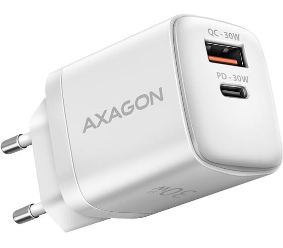 Axagon nabíječka do sítě / ACU-PQ30W / 1x USB-C / 1x USB-A / PD3.0 / QC4 / PPS / AFC / Apple / 30W / bílá