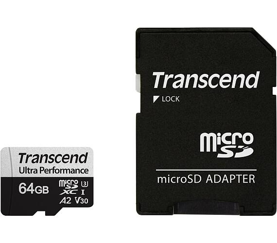 Transcend 64GB microSDXC 340S UHS-I U3 V30 A2 3D TLC (Class 10) paměťová karta (s adaptérem)