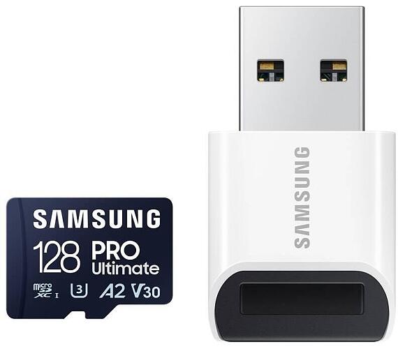 Samsung paměťová karta 128GB PRO Ultimate CL10 Micro SDXC Grade 3 (č/z: až 200/130MBs) + USB Adaptér (MB-MY128SB/WW)