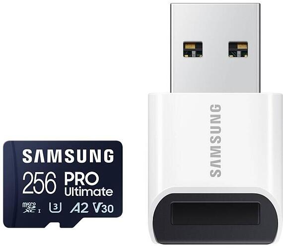 Samsung paměťová karta 256GB PRO Ultimate CL10 Micro SDXC Grade 3 (č/z: až 200/130MBs) + USB Adaptér (MB-MY256SB/WW)