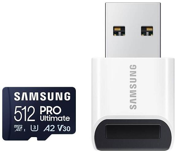 Samsung paměťová karta 512GB PRO Ultimate CL10 Micro SDXC Grade 3 (č/z: až 200/130MBs) + USB Adaptér (MB-MY512SB/WW)